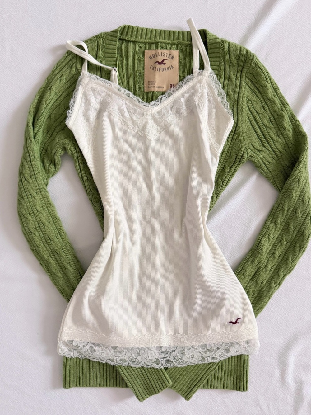 Hollister Ivory Lace-Trim Camisole with Green Accent